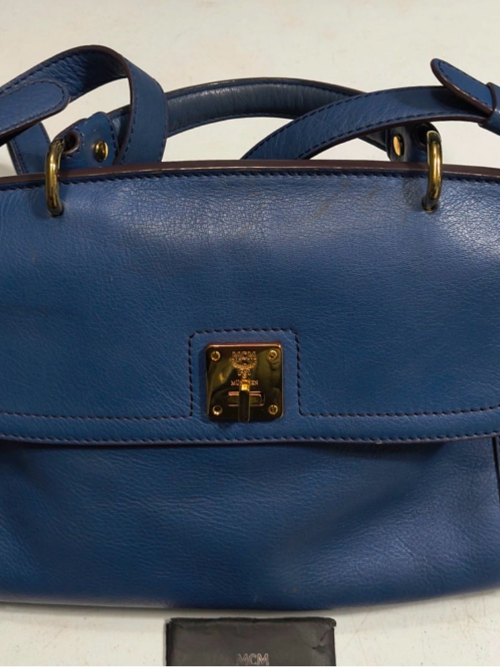 MCM Blue Leather Satchel with Top Handle and Shoulder Strap